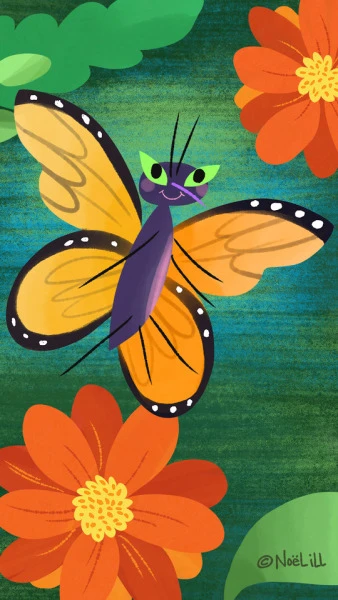 Monty the monarch butterfly. Illustration by Noël ILL
From the 2018 art calendar coming Fall of 2017.