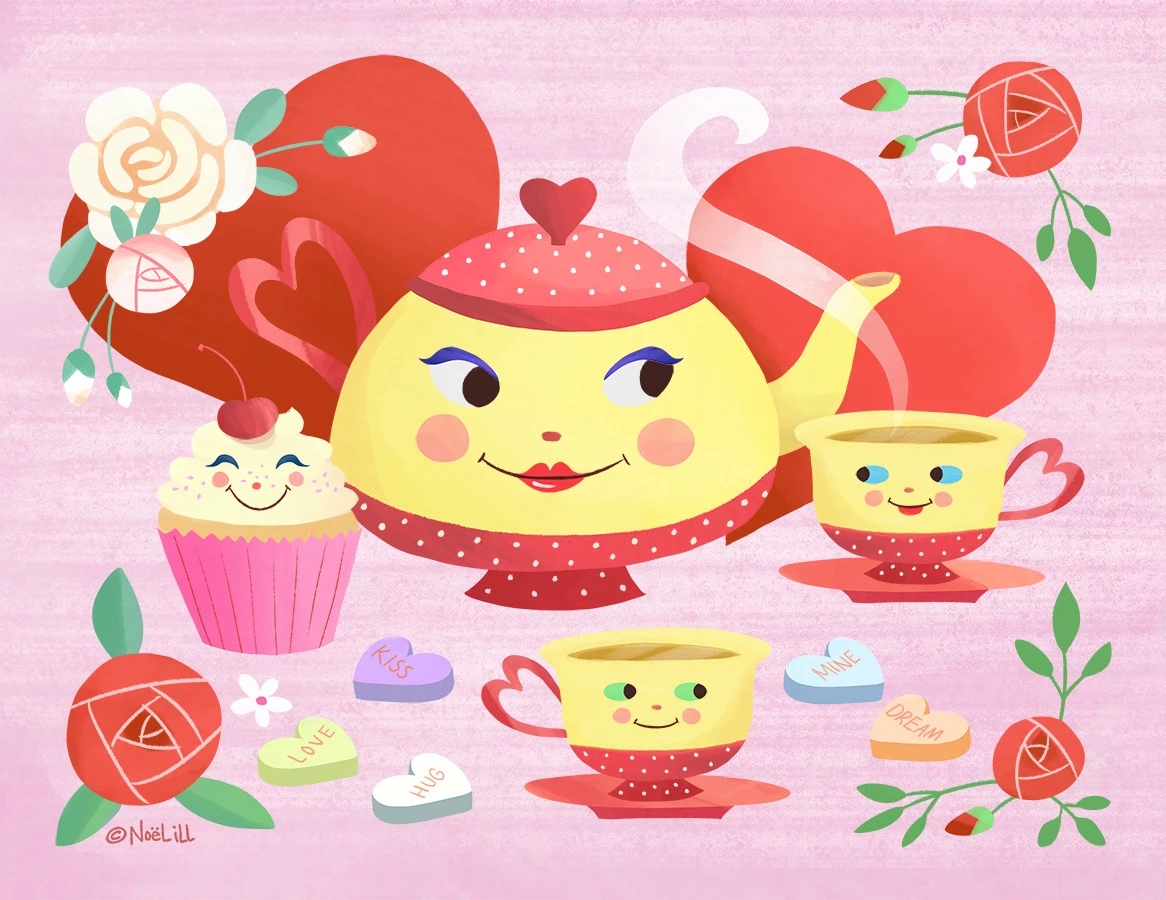 Mrs. T and her T tots. Valentines Day tea pot and tea cup set. Illustration by Noël ILL for 2018 Calendar