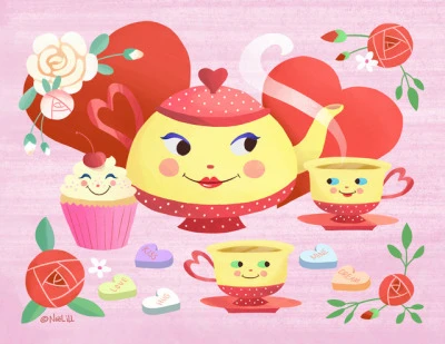Mrs. T and her T tots. Valentines Day tea pot and tea cup set. Illustration by Noël ILL for 2018 Calendar