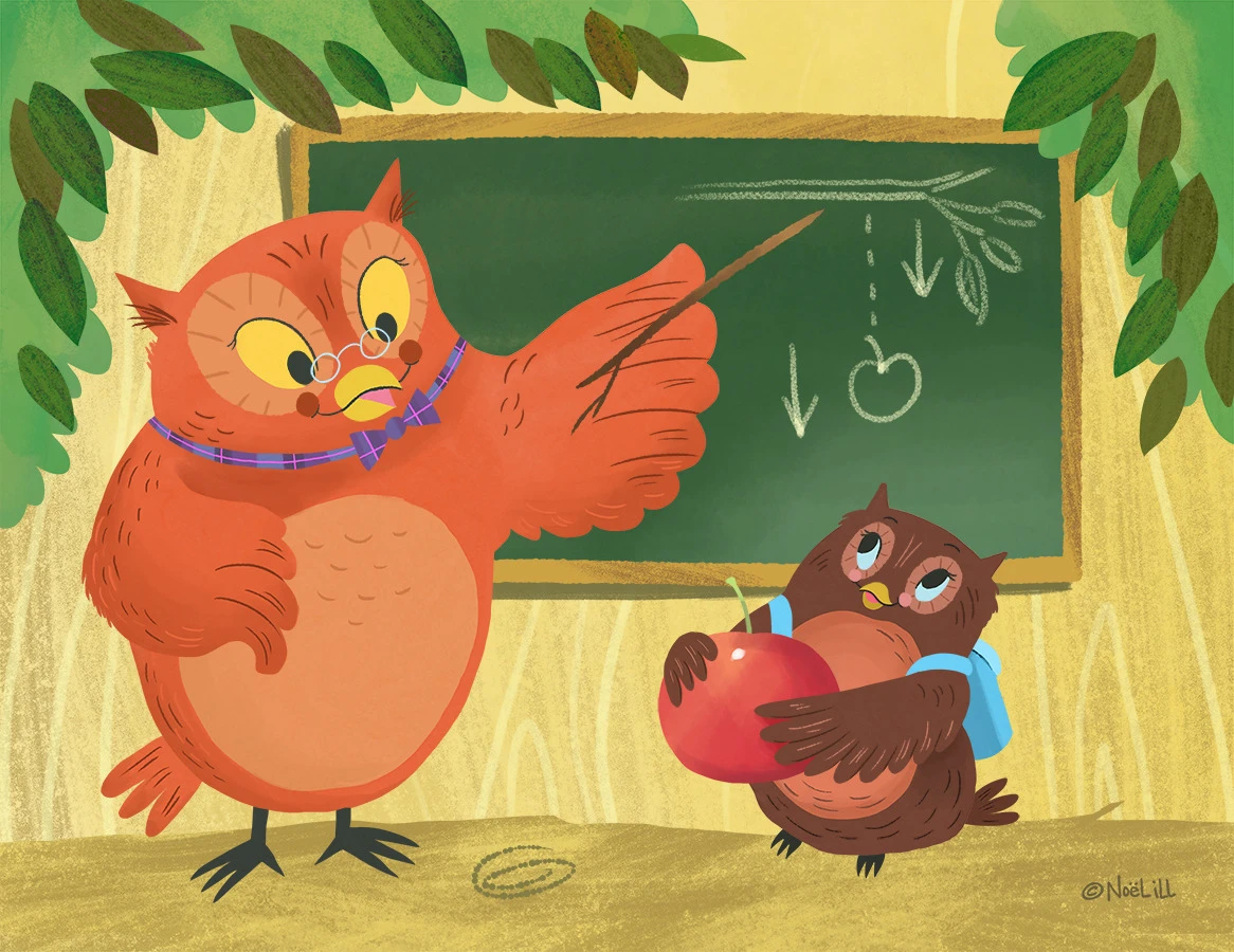 Tweedle brings the teacher an apple.