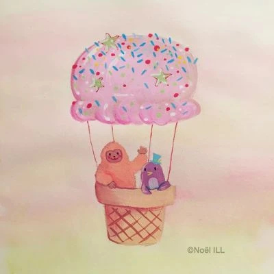 Herbert Sherbert in an ice cream hot air balloon with a purple #penguin. #icecream #hotairballoon #herbertsherbert #pastel #kawaii #pastelcolors #sweets #yeti