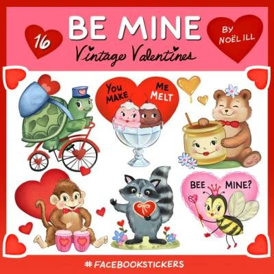 Download the vintage inspired “Be Mine” sticker pack, on Facebook, to send the cutest valentine greetings to all your friends! There are 16 different characters and each is animated. Link to DL here ->http://bit.ly/BeMineStickers