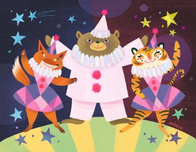 Illustration from the Noël ILL 2018 Art Calendar/ Bonzo The Clown Bear, Lippy The Tiger and Tilly The Fox.
/